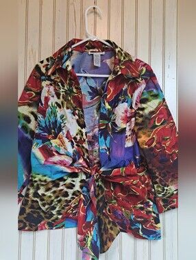 Mishca Tie Front Blazar Over Top  Mixed Prints Art To Wear Colorful Office XL